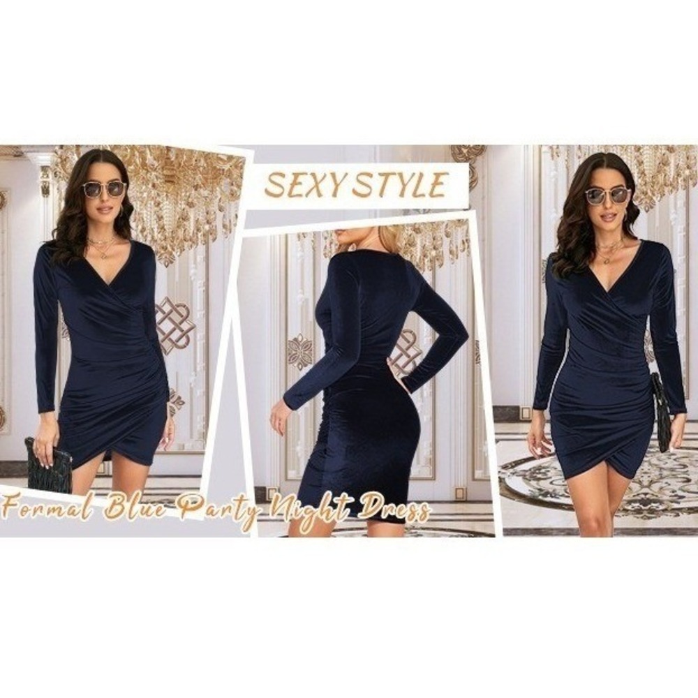 Qearal Womens NEW MEDIUM Velvet Ruched Bodycon‎ Wrap Dress Blue/Grey Glam
